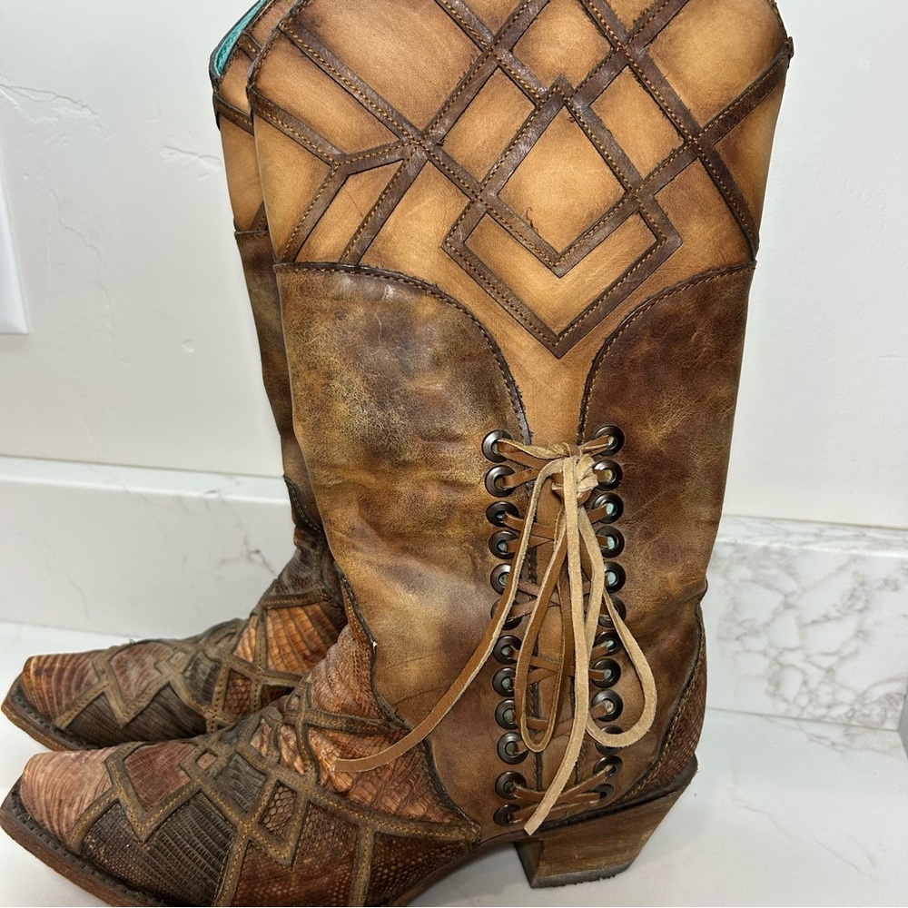 Women’s Corral Honey Lizard Laser Overlay and Lace Up Boots 9M Snip Toe Zip - Picture 8 of 12